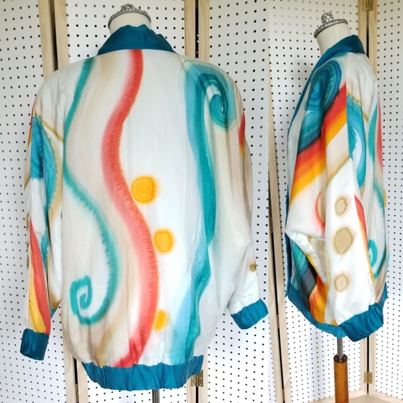 -Vintage 80s Hand Painted Silk Jacket Abstract - Picture 3 of 10